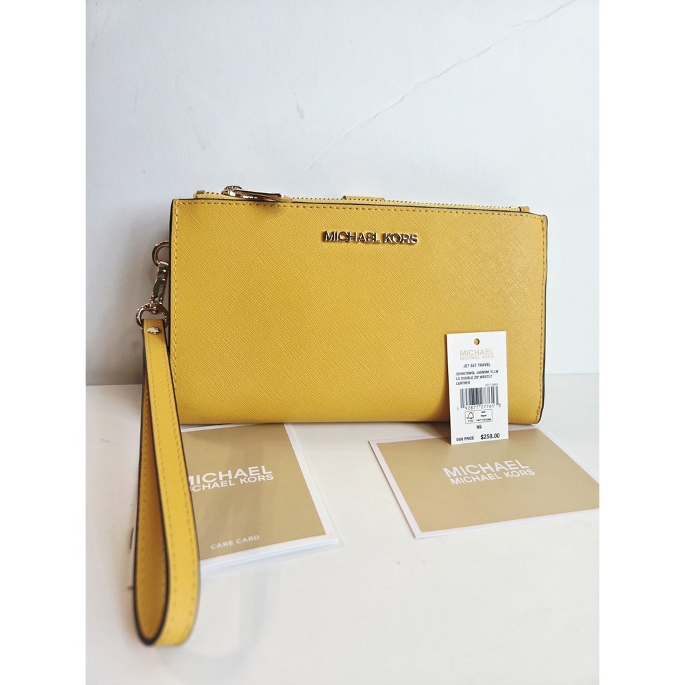 New Michael‎ Kors Jet Set Travel Double Zip Wallet Leather Phone Yellow NEW